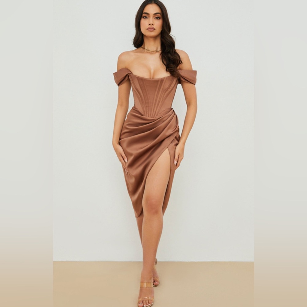 House of CB Loretta Satin Off Shoulder Dress in brown size Small NWT